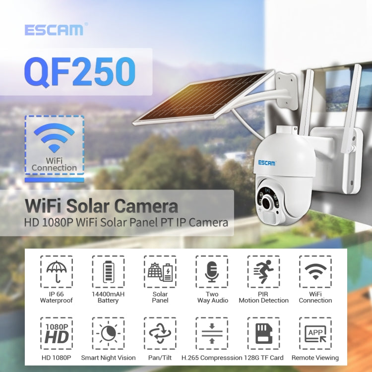 ESCAM QF250 HD 1080P WiFi Solar Panel IP Camera, Support Motion Detection / Night Vision / TF Card / Two-way Audio, QF250 ESCAM QF250 HD 1080P WiFi Solar Panel IP Camera, Support Motion Detection / Night Vision / TF Card / Two-way Audio, QF250